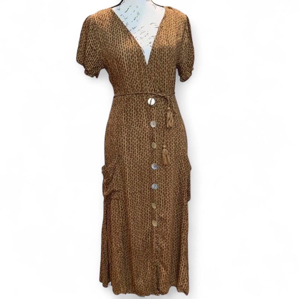 Brown Geometric Midi Dress Puff Sleeve Pearl Button Tie Waist Pockets Small